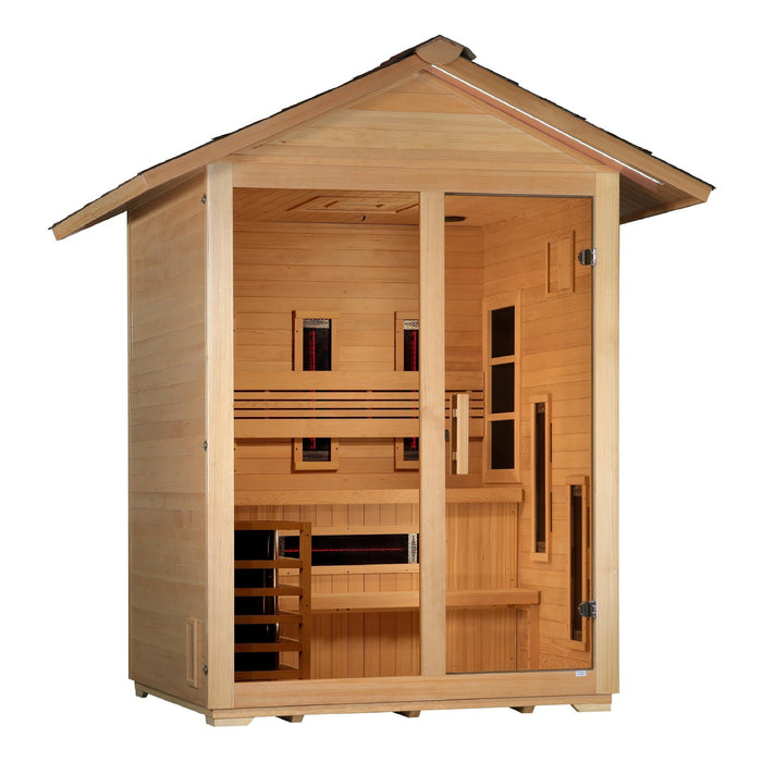 Golden Designs Loviisa 3 Person Hybrid (PureTech™ Full Spectrum IR or Traditional Stove) Outdoor Sauna (GDI-8523-01) - Canadian Red Cedar Interior
