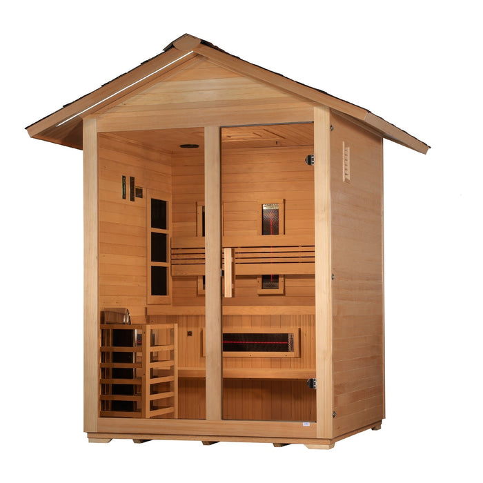 Golden Designs Kaskinen 6 Person Hybrid (PureTech™ Full Spectrum IR or Traditional Stove) Outdoor Sauna (GDI-8526-01) - Canadian Red Cedar Interior